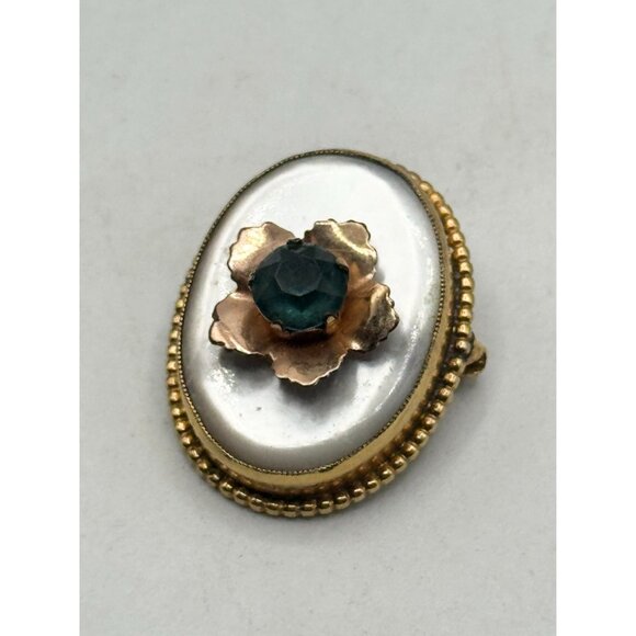 Estate AM Co Gold Filled Mother of Pearl Rhinestone Flower Brooch Pin - Picture 3 of 6